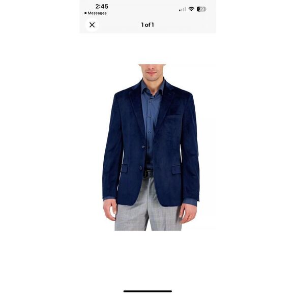 Alfani Men's Slim Fit Solid Velvet Sport Coat Blazer Navy Blue *see measurements - Picture 1 of 5